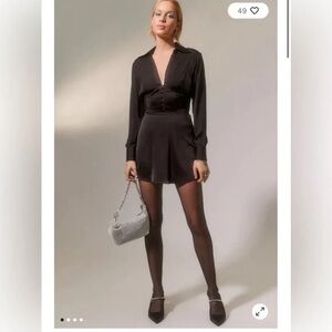 Urban Outfitters - Black Satin Collared Mini Shirtdress.